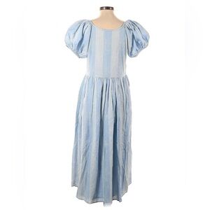 LOVESHACKFANCY 100% Cotton Modest Blue Stripe Puff Sleeve Midi Dress Size 4 VGUC